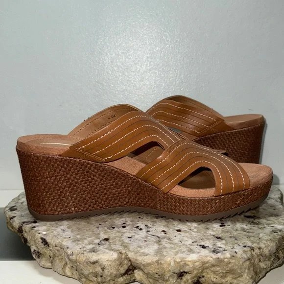 VIONIC MALORIE Raffia Natural Tan Leather Open Toe Slip On Wedge Sandals Sz 9.5 - Picture 13 of 16